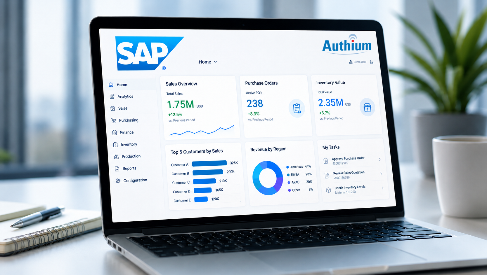 A laptop displaying an enterprise dashboard with SAP and Authium branding.