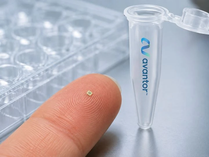 A tiny p-Chip on a fingertip next to an Avantor laboratory tube.