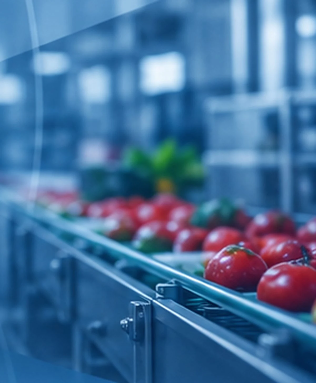 Produce moving along a processing line, illustrating a food supply-chain application.