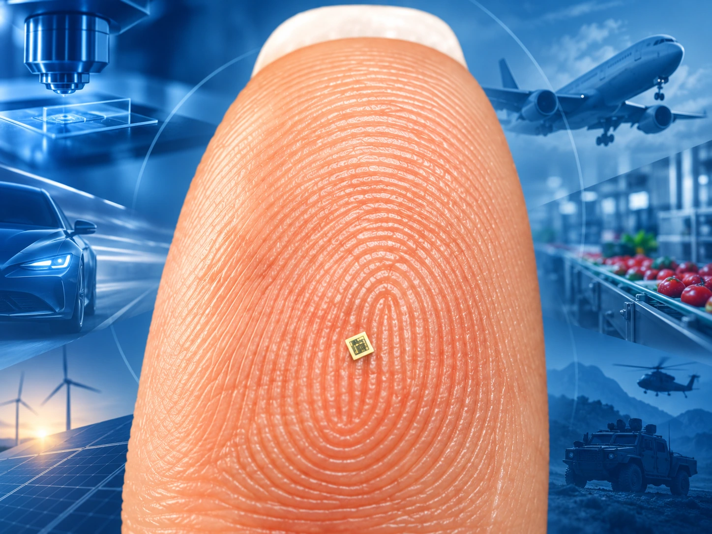 A tiny p-Chip on a fingertip, surrounded by laboratory, industrial, food, energy and transport applications.