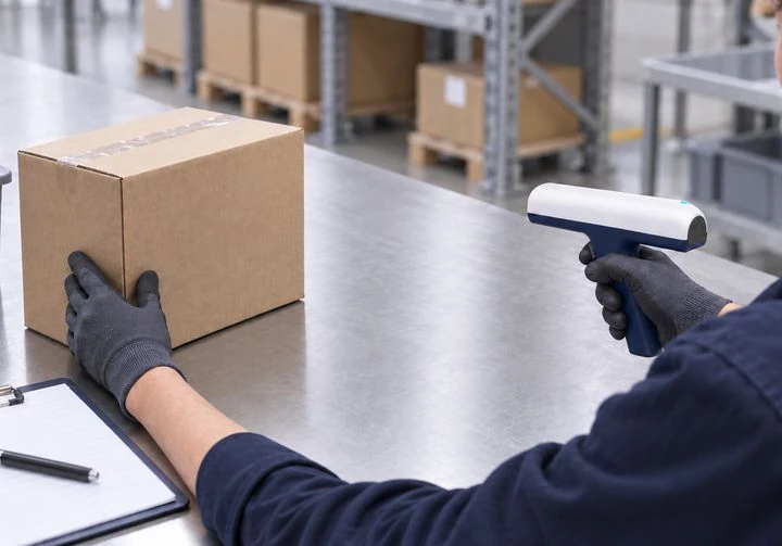 A handheld reader being used on a package at a receiving station.